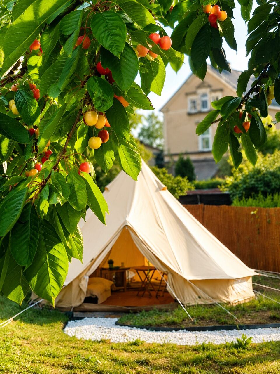Beiges Glamping-Zelt im Garten unter einem Kirschbaum