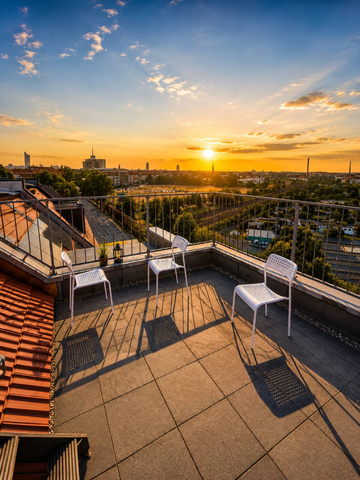 Dachterrasse im Sonnenuntergang mit Blick über Leipzig