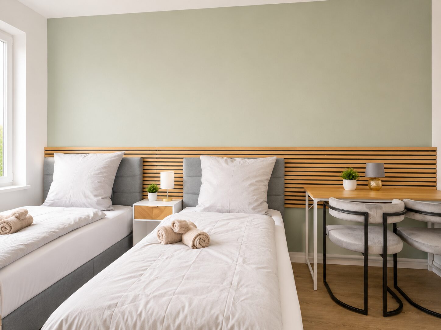 Zweibettzimmer mit zwei Einzelbetten vor salbeigrüner Wand